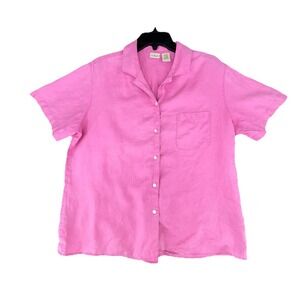 VINTAGE LL Bean Top Women Large Pink Linen Shirt Loop Collar Camp 90s Field